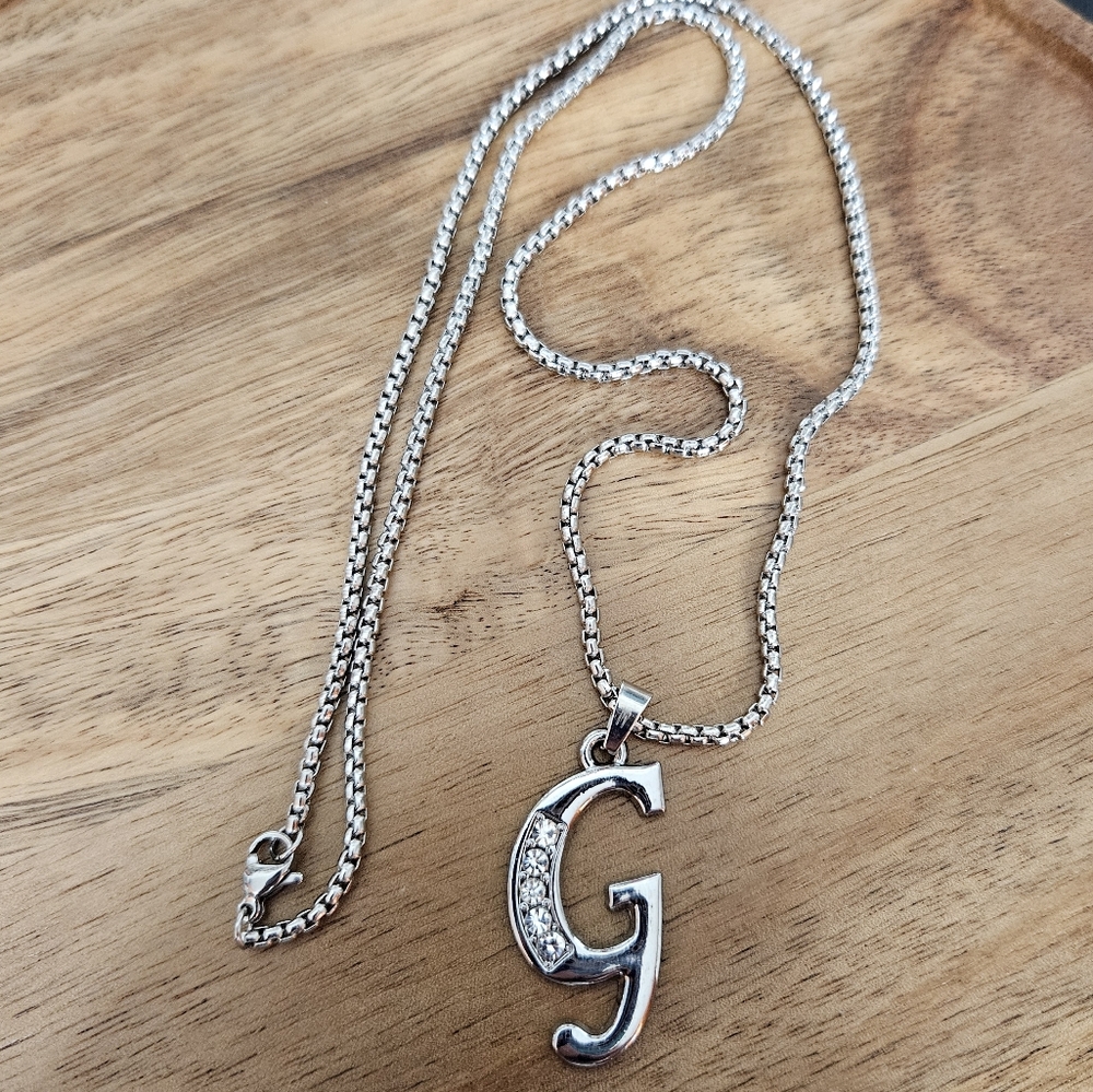 Unisex Stainless Steel 22 Inch Initial Letter G Necklace Rhinestones NWOT